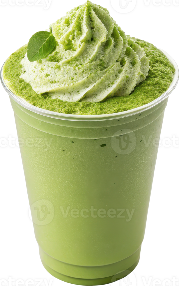 Vibrant Matcha Blended Drink with Whipped Cream in a Takeaway Cup png