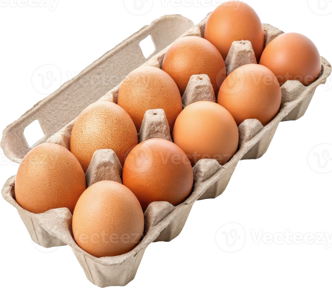 Whole fresh brown eggs in a cardboard carton container png
