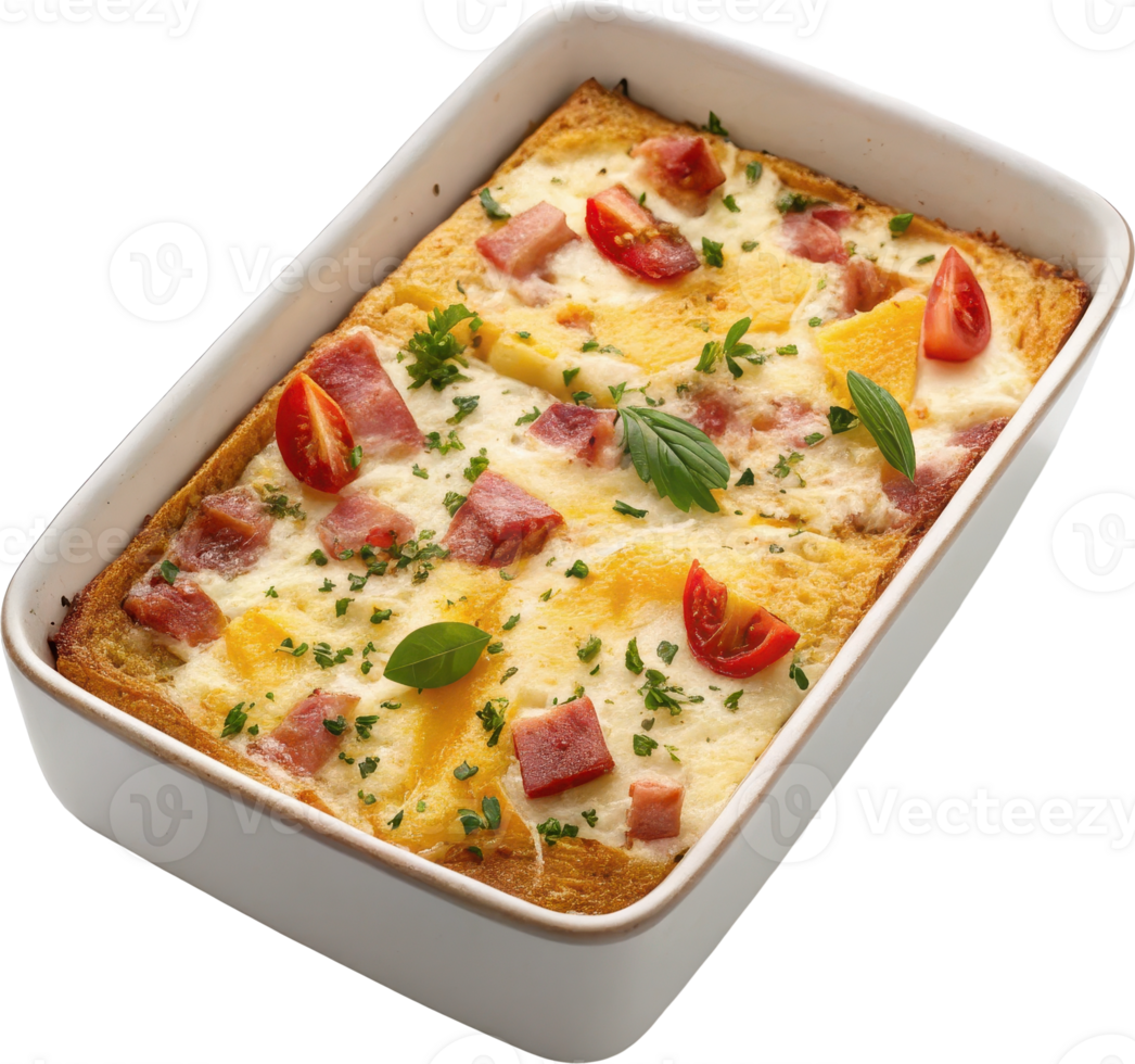 Savory Baked Casserole Dish with Cheese Bacon and Fresh Tomato Garnish png