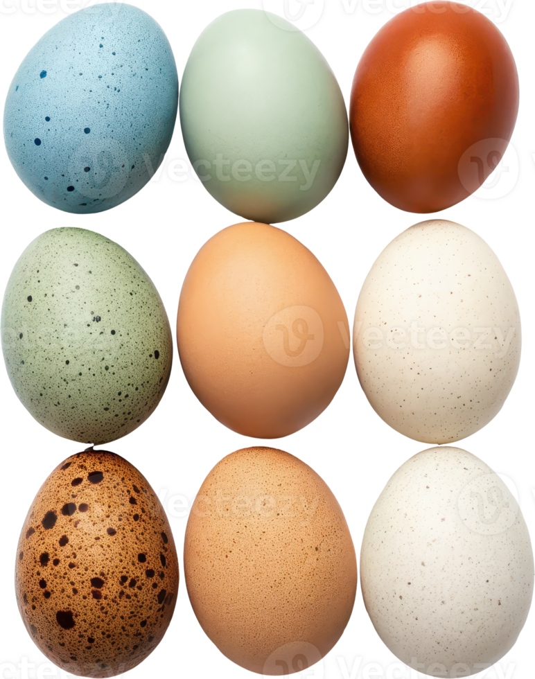 Vibrant Assortment of Colorful and Naturally Speckled Eggs Arranged in a Studio Setting png