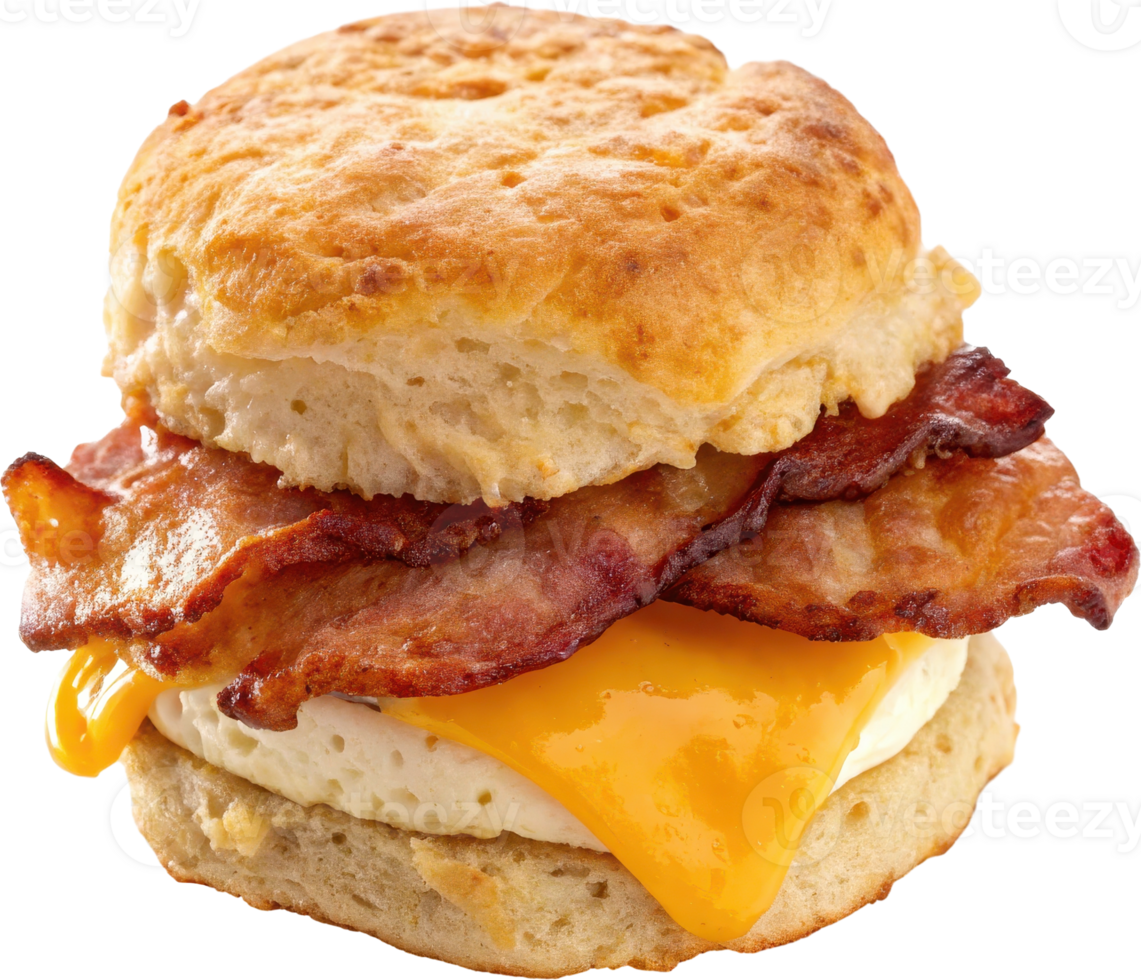Mouthwatering Bacon Breakfast Sandwich with Cheddar Cheese on Flaky Biscuit png
