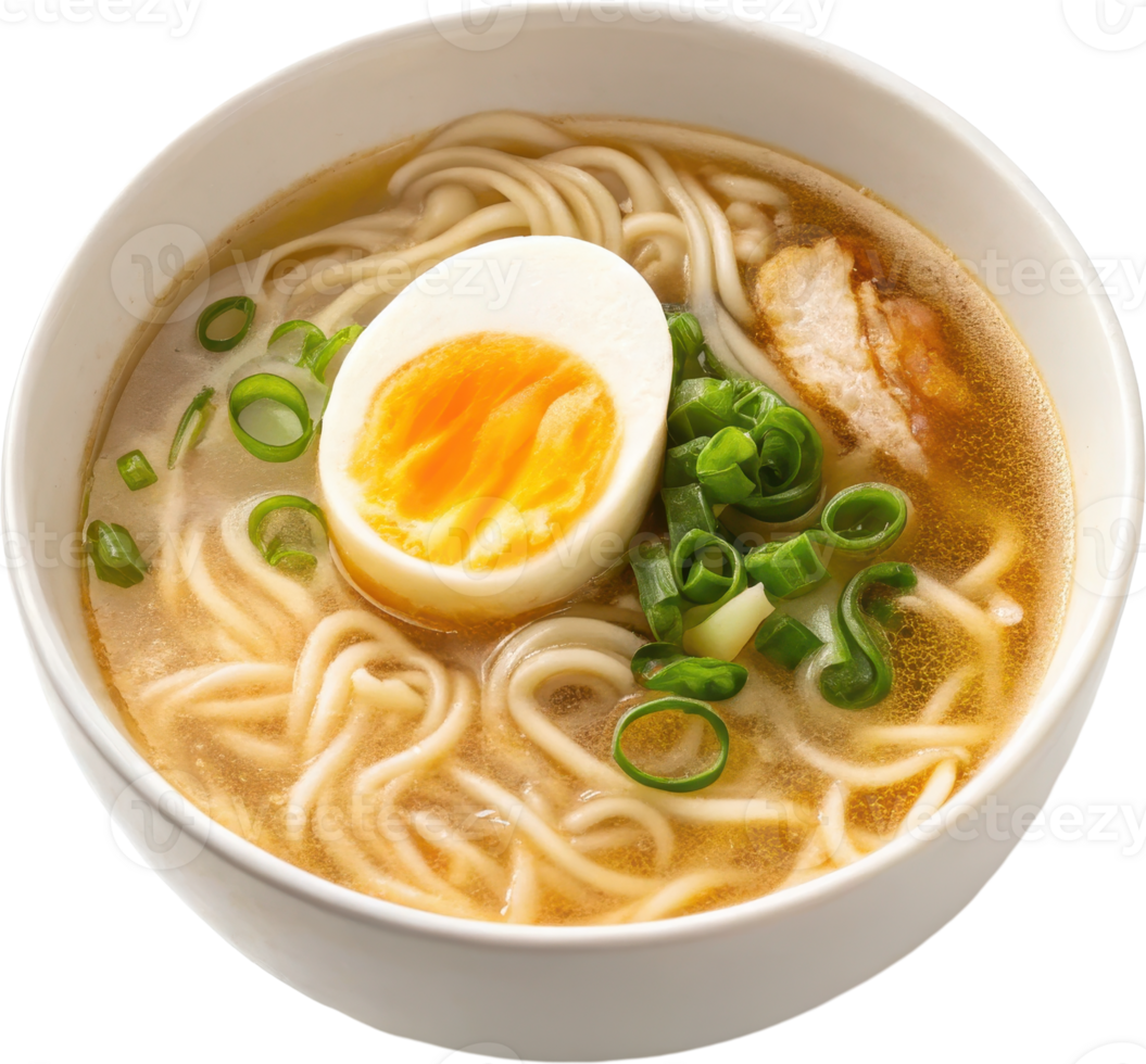 Steaming Bowl of Savory Japanese Ramen Noodles with Soft Boiled Egg and Fresh Scallions Appetizing png