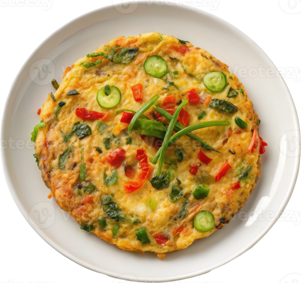 Savory Egg Based Chinese Omelette with Fresh Vegetables on White Plate png