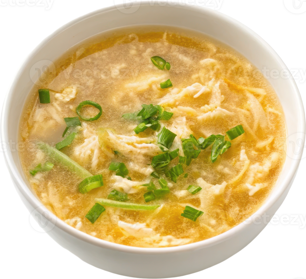 Deliciously Savory Homemade Egg Drop Soup Served in a White Bowl with Fresh Onions and Garnish png