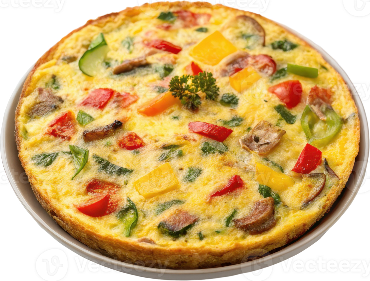 Delicious Homemade Frittata with Vegetables and Cheese on a Rustic Baking Pan png