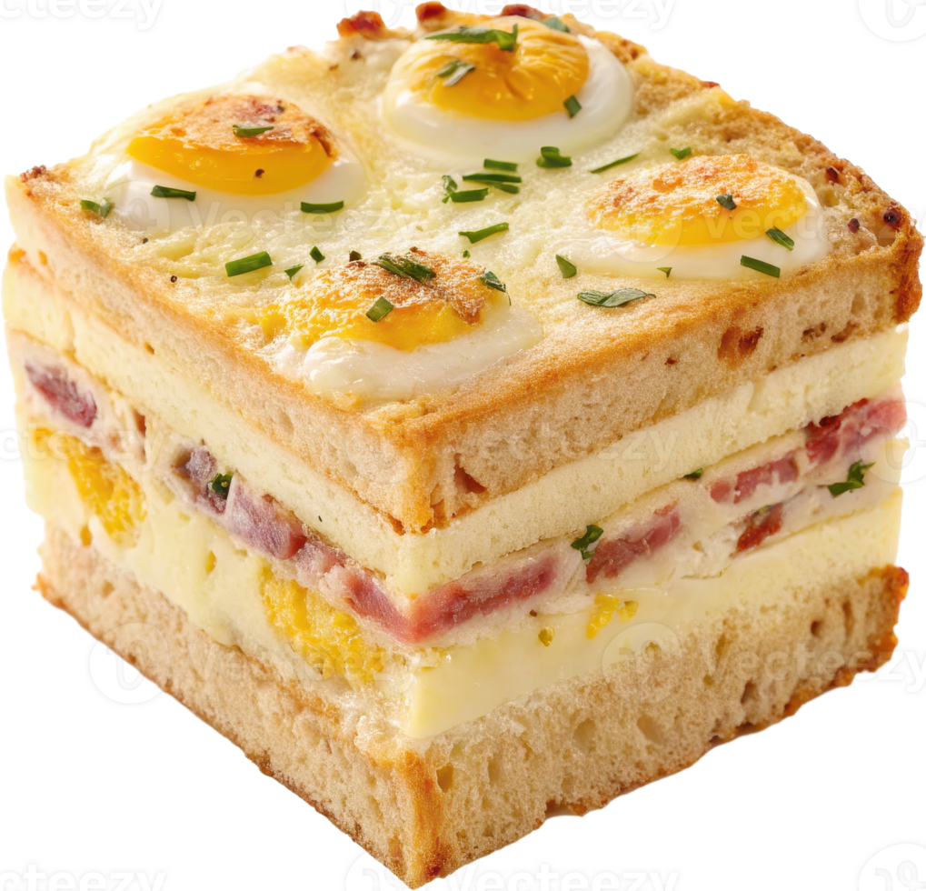 Delectable Layered Breakfast Sandwich with Fried Eggs Cheese and Savory Fillings png
