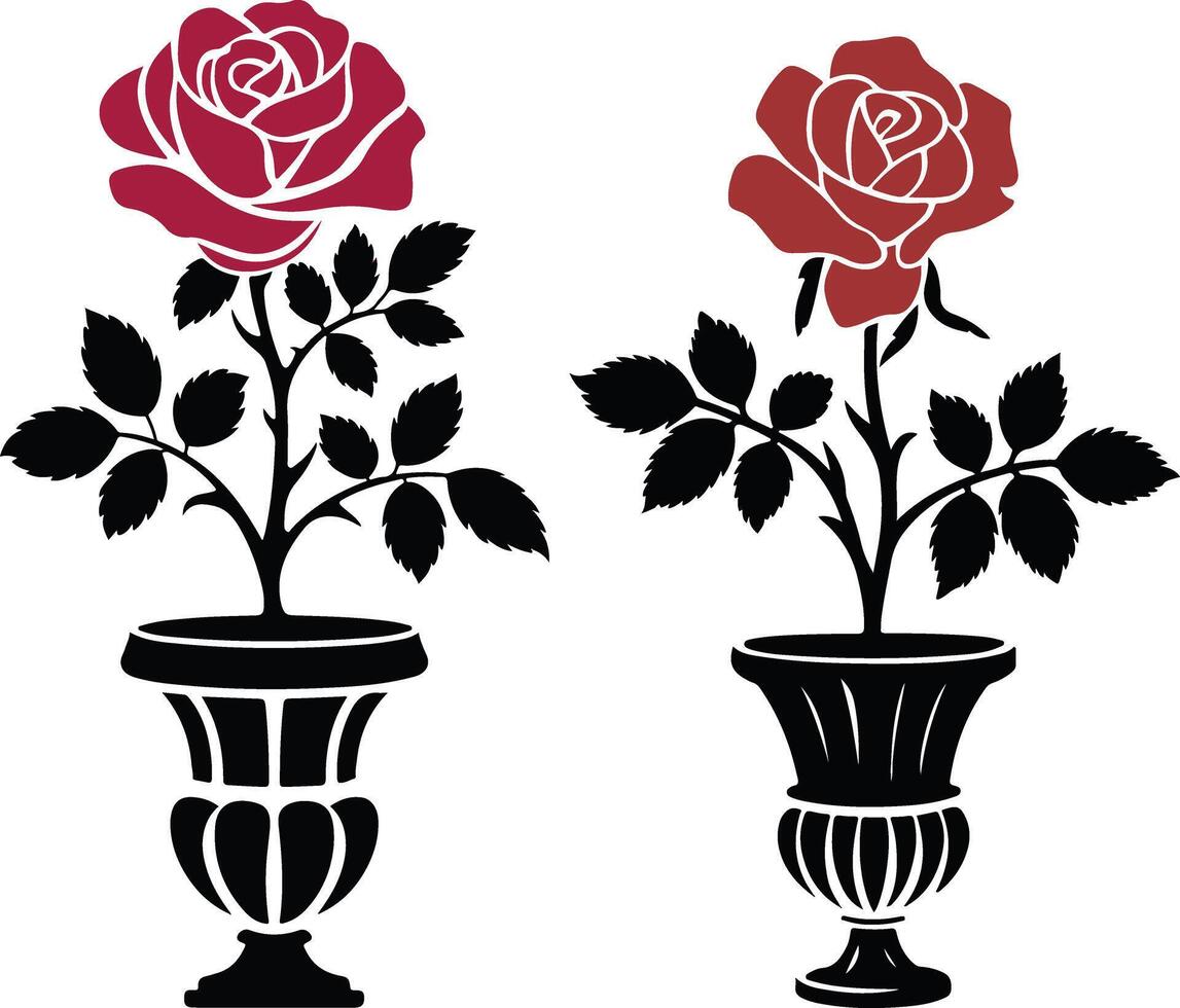 a unique a red rose flower plant with a single flower, two or three leaf, elegant flower pot , silhouette illustration vector