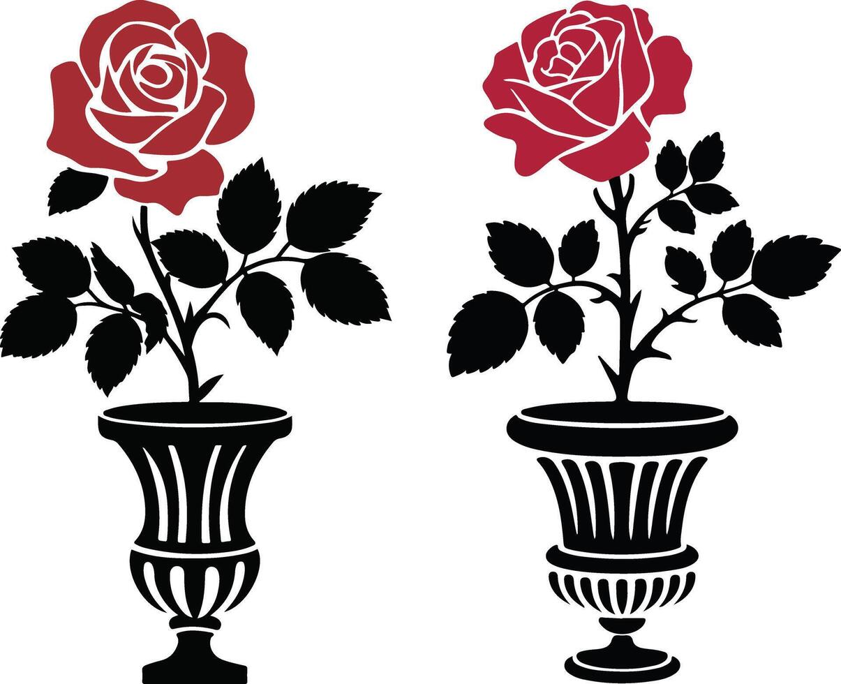A silhouette illustration of a red rose flower plant with a single flower and two or three leaves. The plant is placed in an elegant flower pot. vector