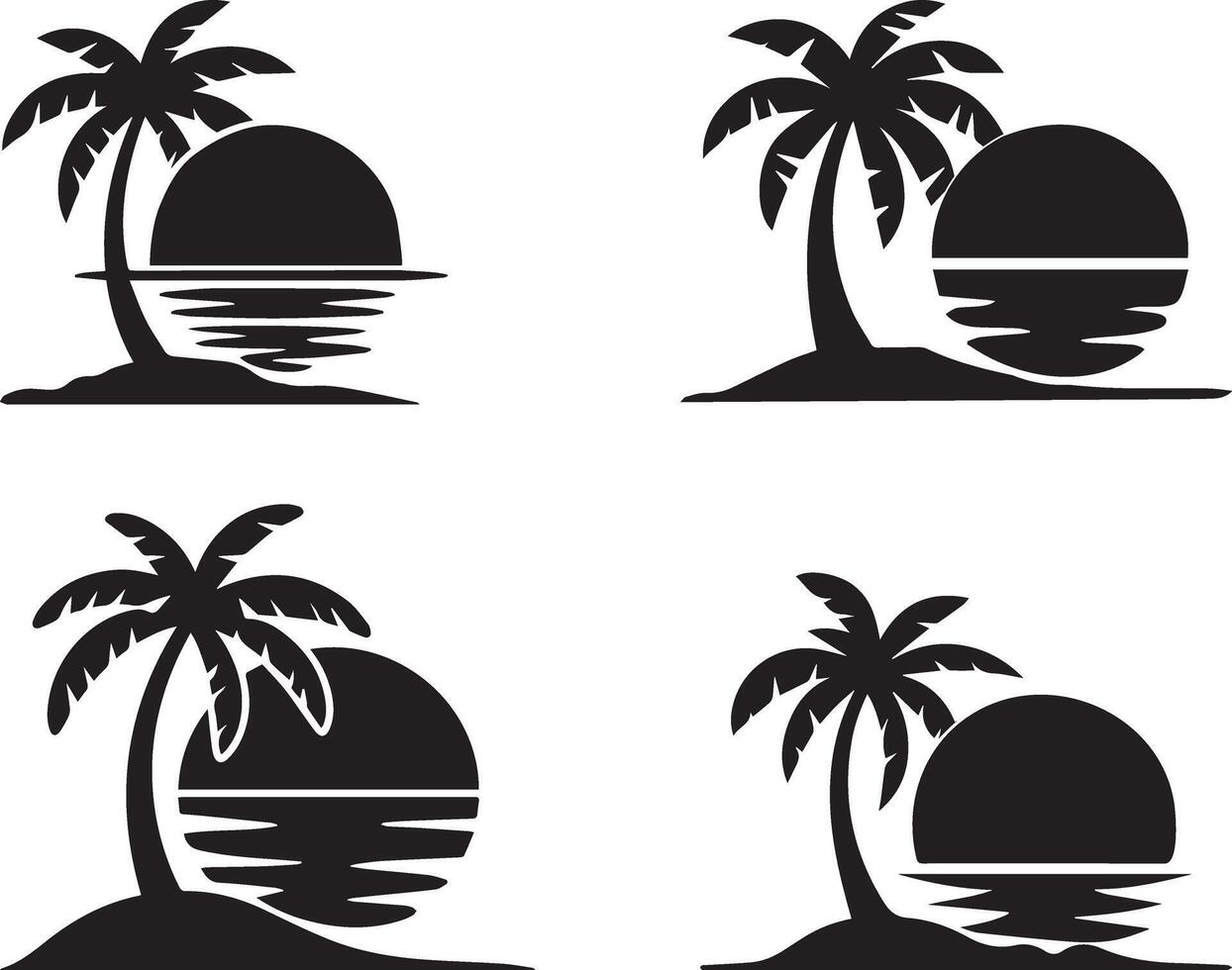 A minimalist silhouette logo design featuring a single elegant palm tree with slightly curved fronds, positioned on a small island or shoreline. vector