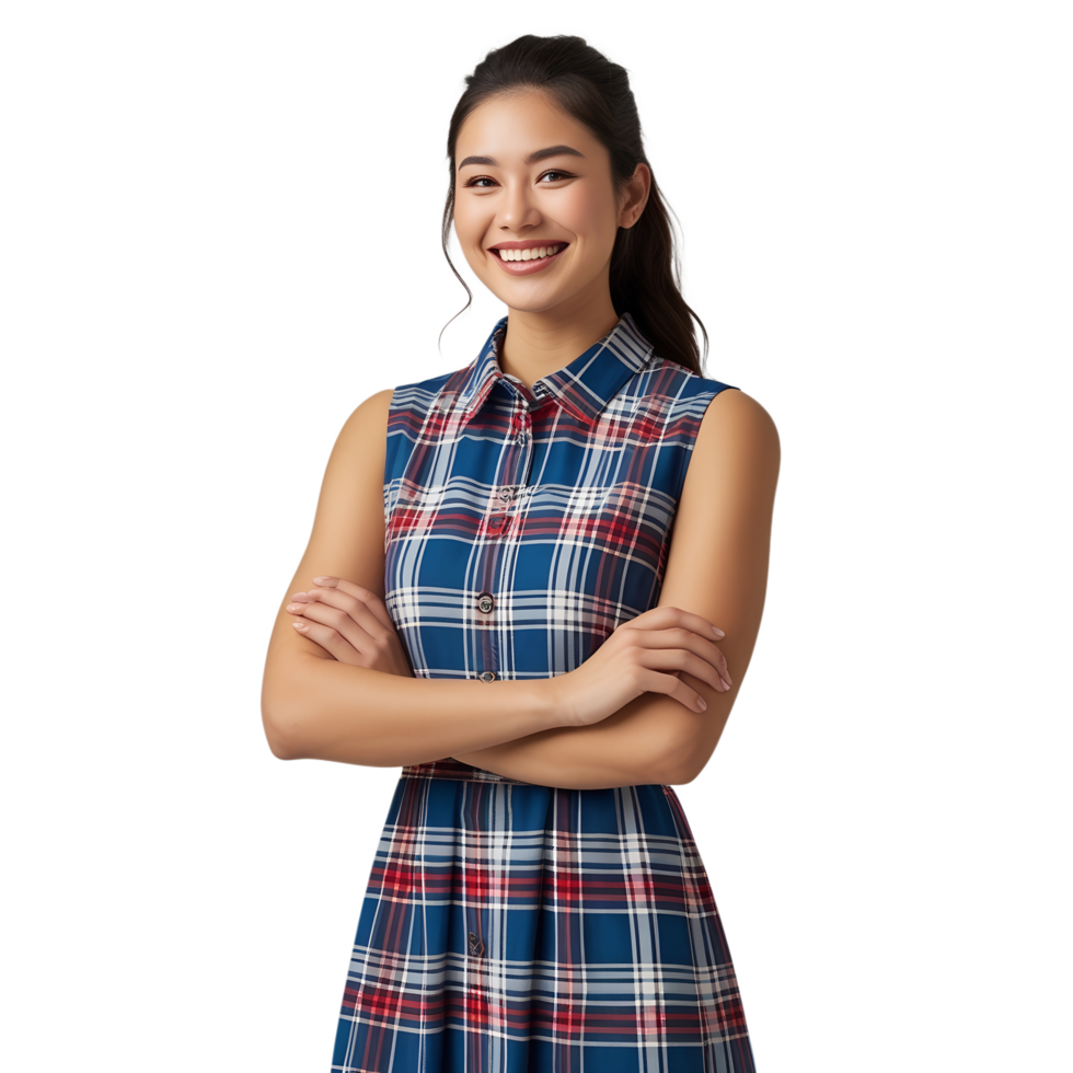 A woman in a blue and red plaid dress png