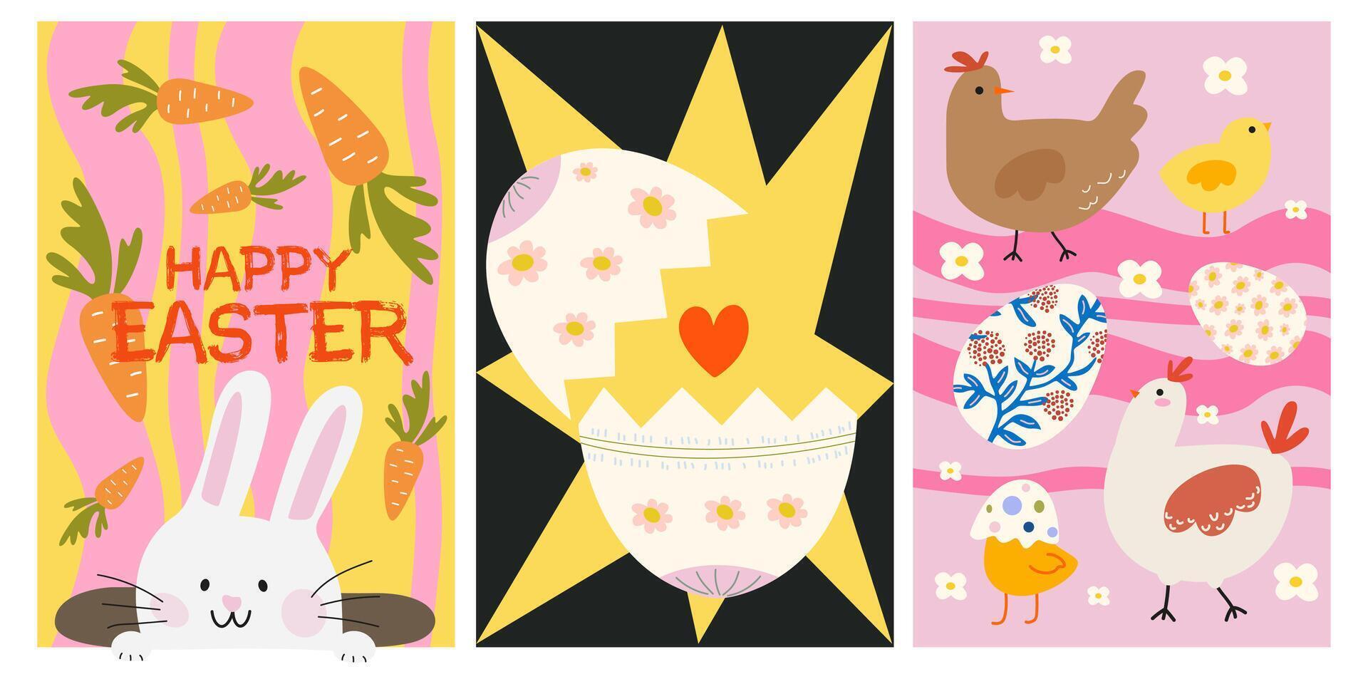 Set of Easter posters in cartoon retro style. Playful seasonal postcards. Easter egg, bunny and chicken vector
