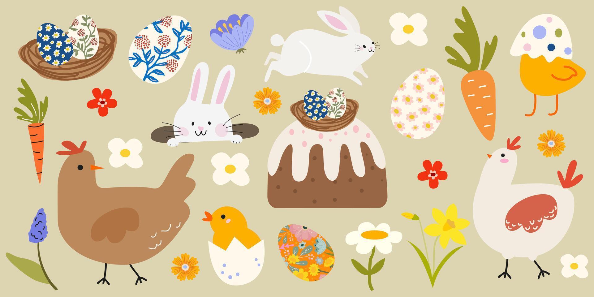 Set of Happy Easter cartoon stickers in retro flat style. Spring elements, little chicken, white rabbits, eggs, easter cake vector