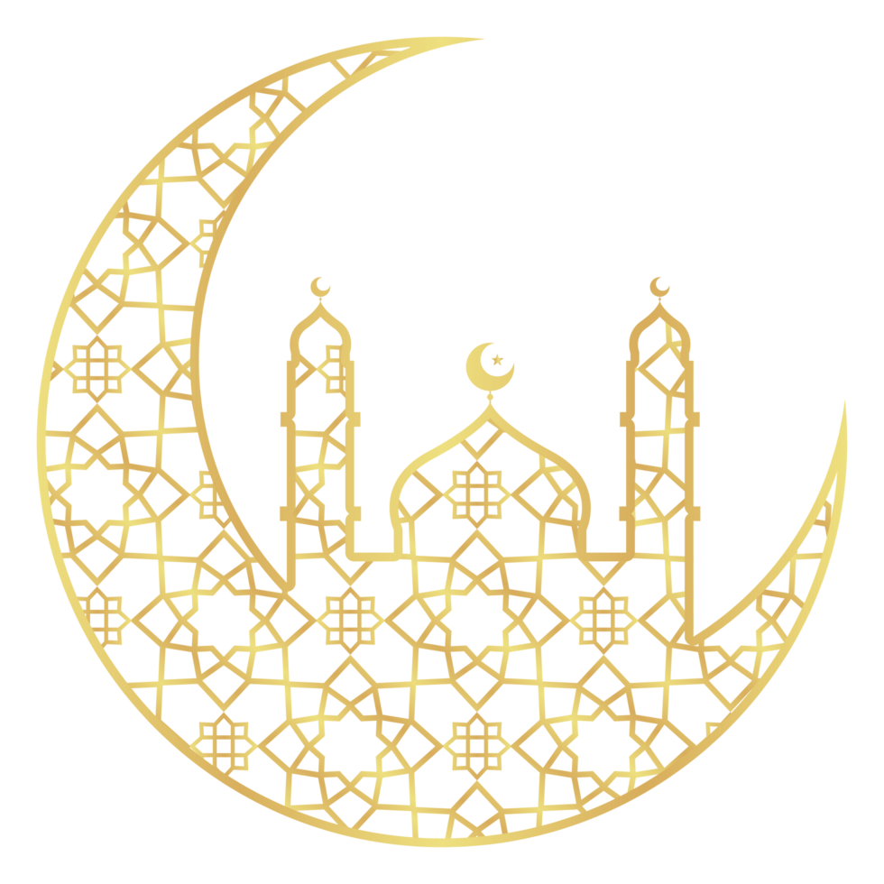 The Gold Gradient Small Mosque with Crescent with Gold Gradient Islamic Pattern png