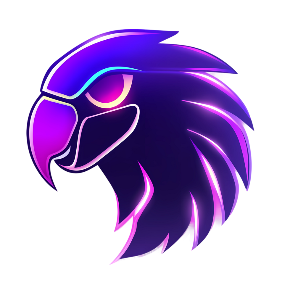 a purple and blue parrot head with glowing eyes png