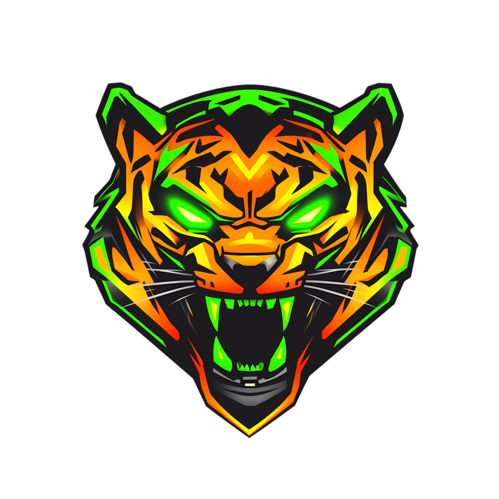 a green orange tiger head with glowing eyes on a transparent background png