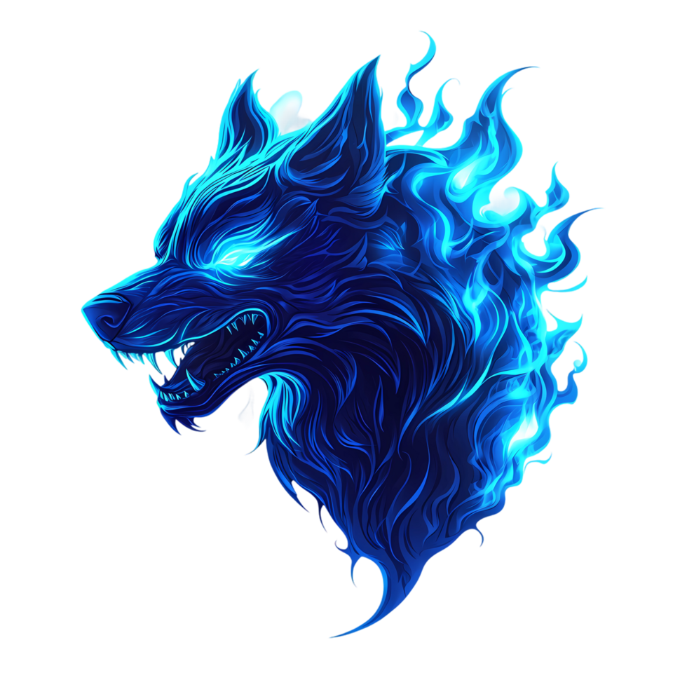 blue wolf head with flames on it, transparent background png