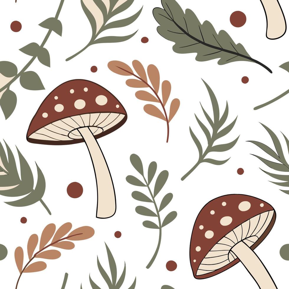 Mushrooms and leaves pattern vector