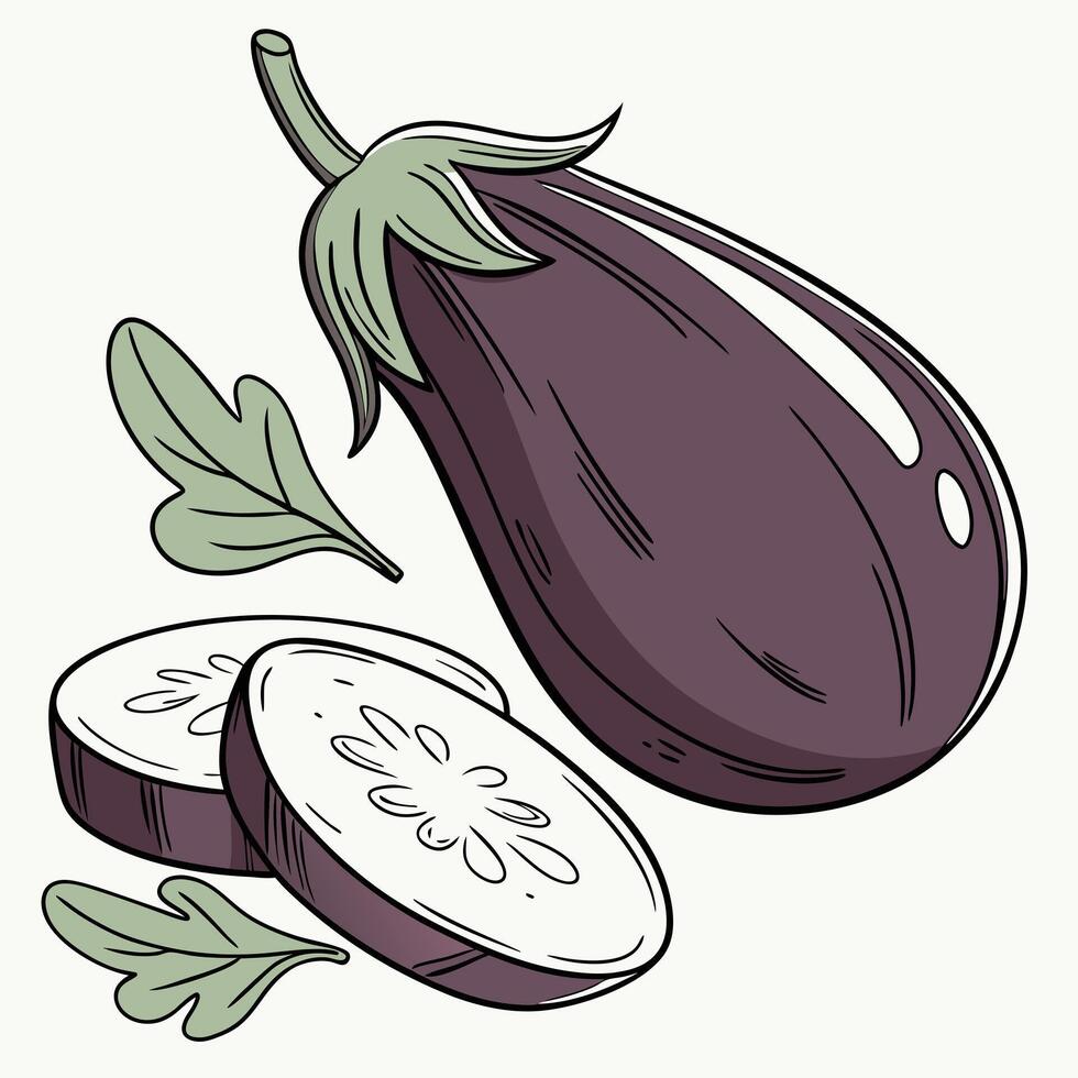 An eggplant and a slice of it are shown vector