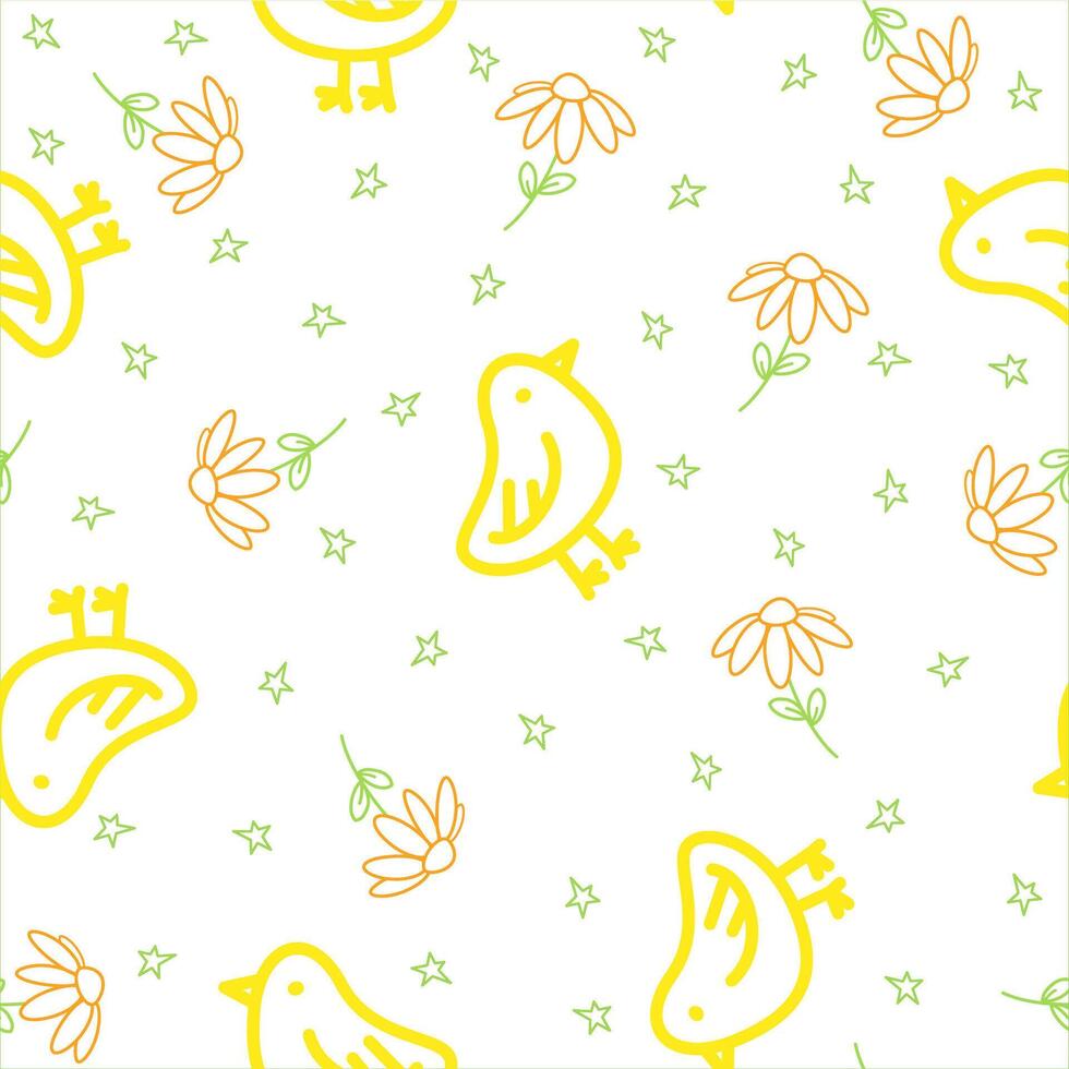 Children cute animal seamless pattern with chicks and flowers on a white background. Yellow baby bird. vector