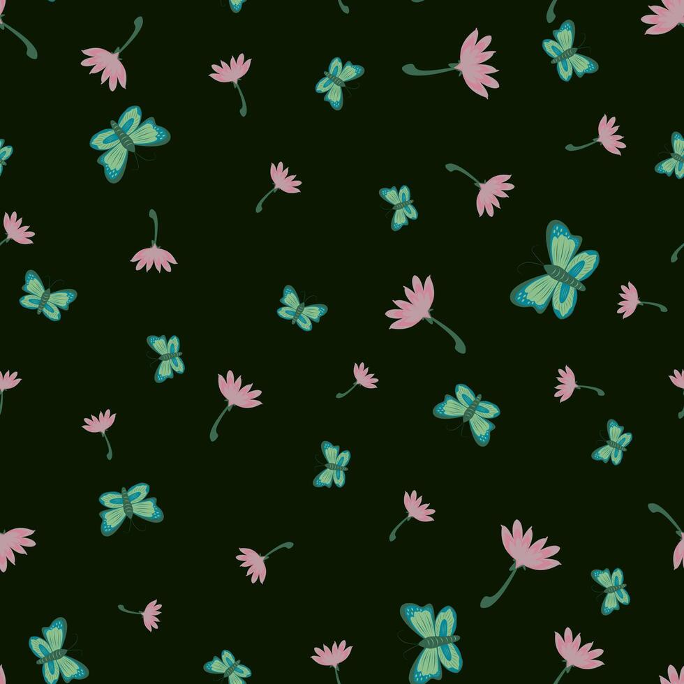 Summer cute seamless pattern with green butterflies and pink flowers. Butterfly on a dark background vector