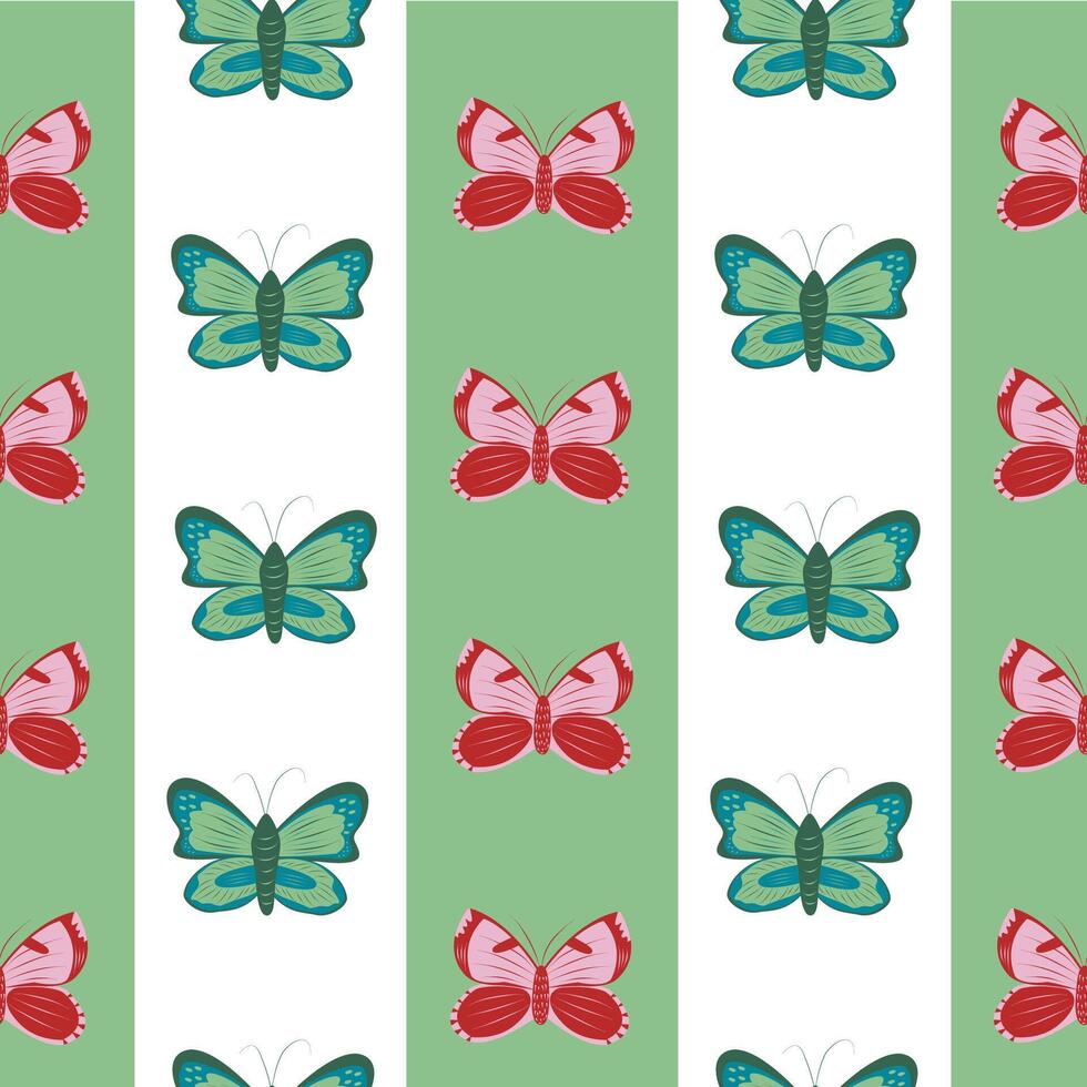 Summer cute seamless pattern with green and red butterflies. Butterfly on a striped background vector