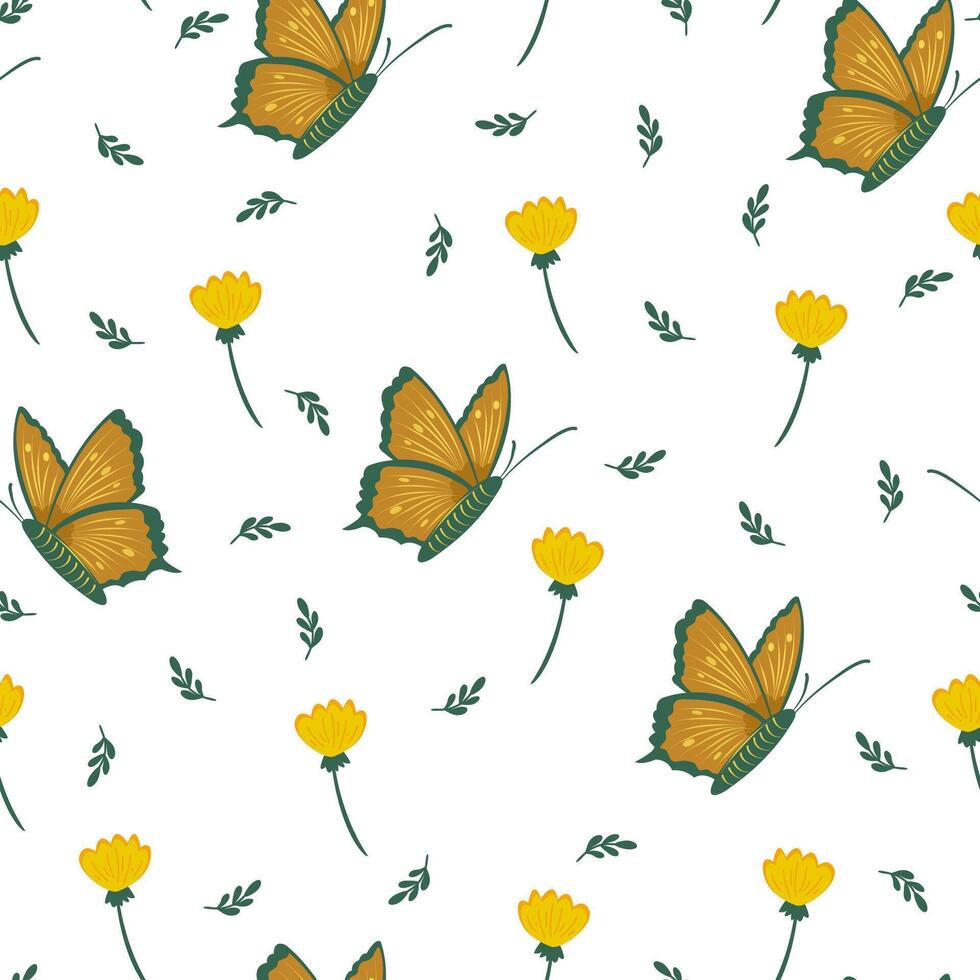 Summer cute seamless pattern with green butterflies and yellow flowers. Butterfly on a white background. vector