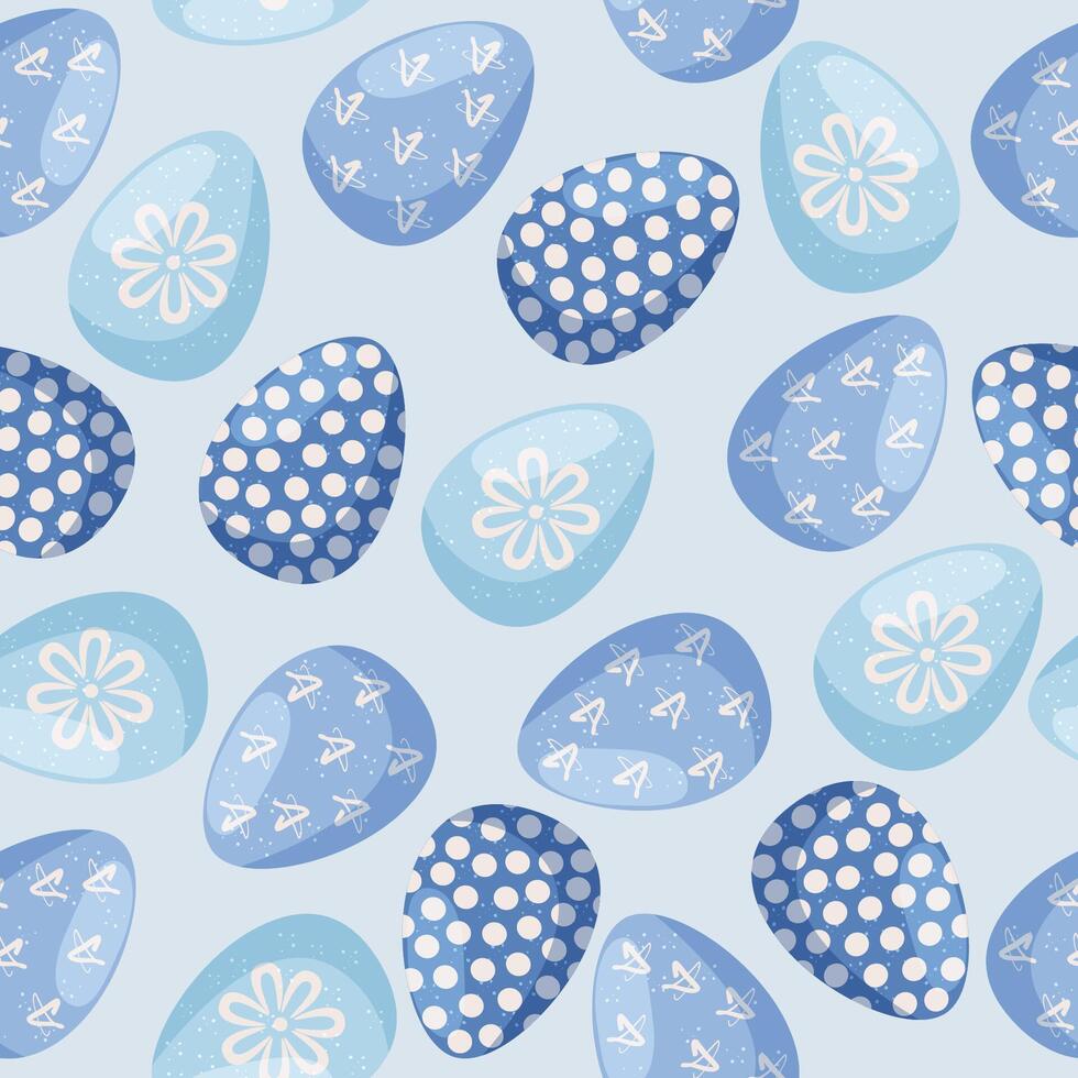 Seamless pattern with colorful Easter eggs. Blue eggs on a blue background. Easter decorations. vector