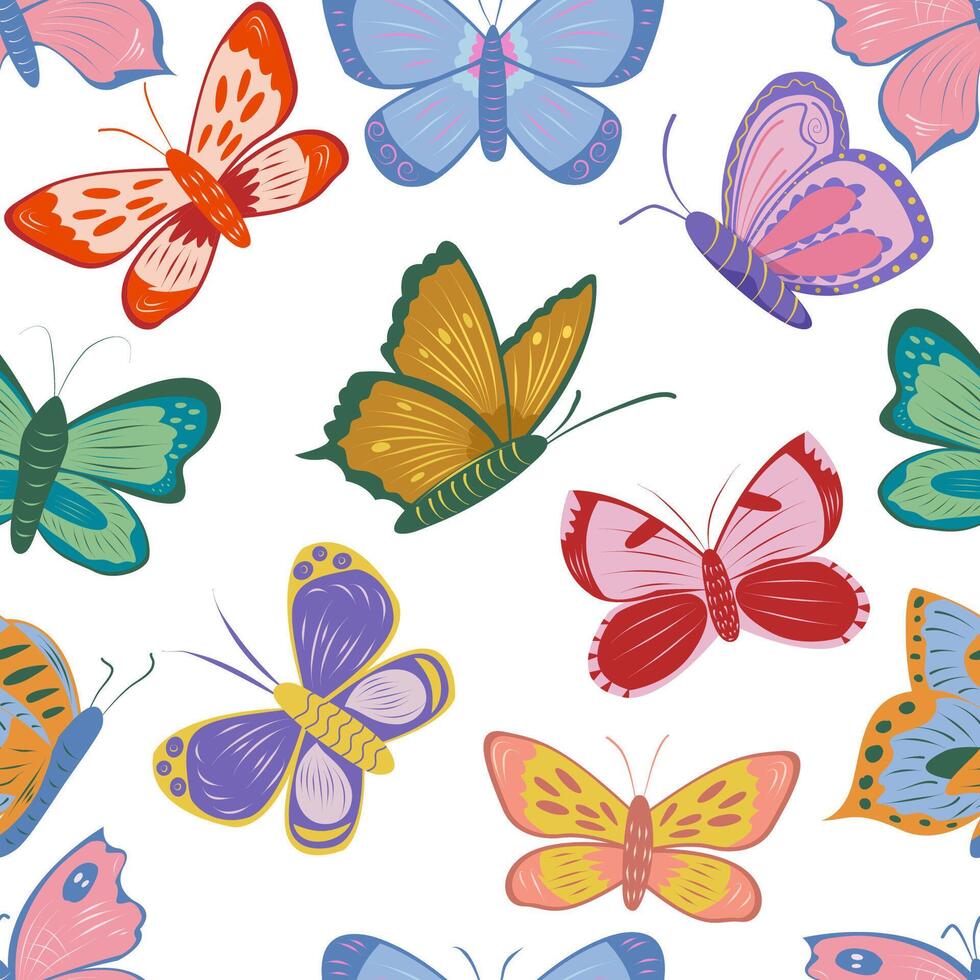 Children cute seamless pattern with colourful butterflies. Butterfly on a white background vector