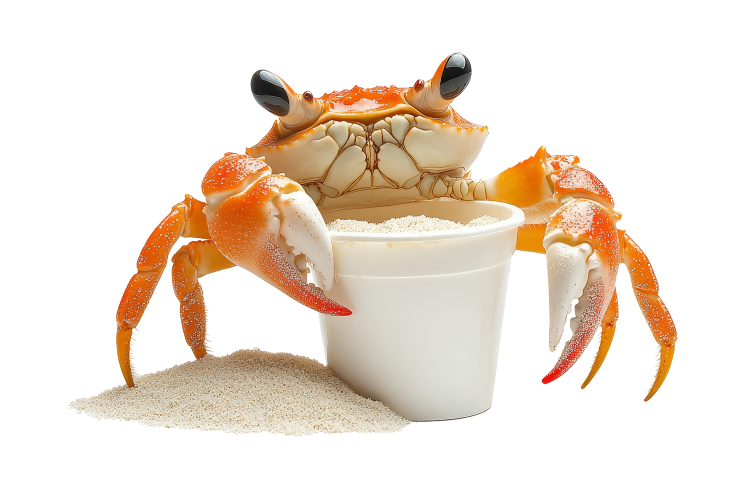 Cute crab with sand bucket isolated fun beach vibe png