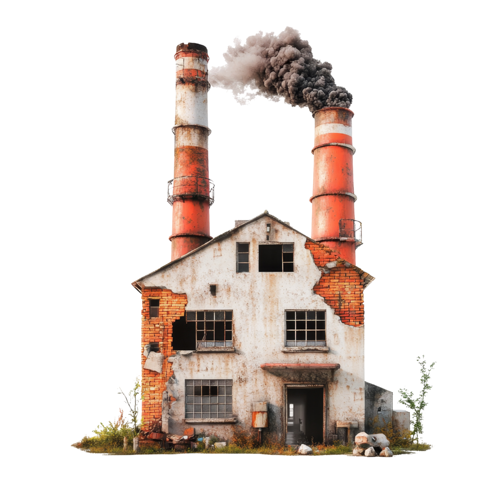 Abandoned factory front view isolated setting industrial png