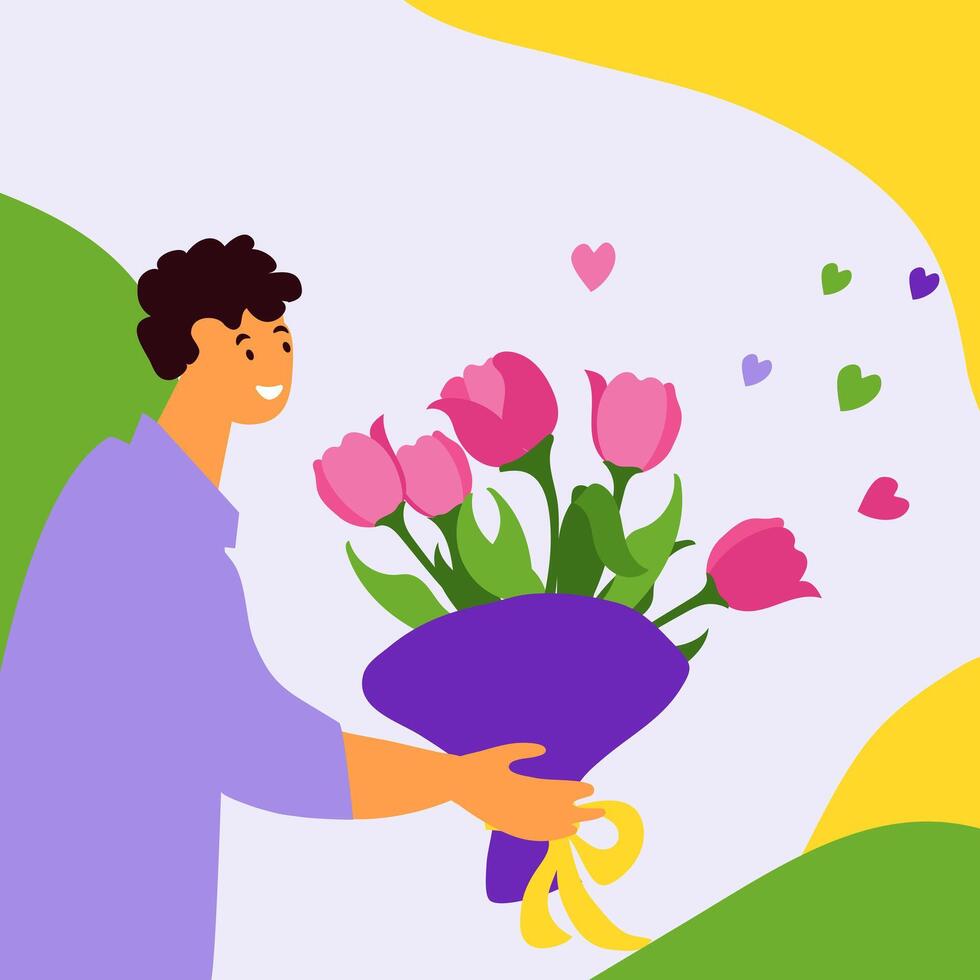 Man presents a bouquet of flowers. vector