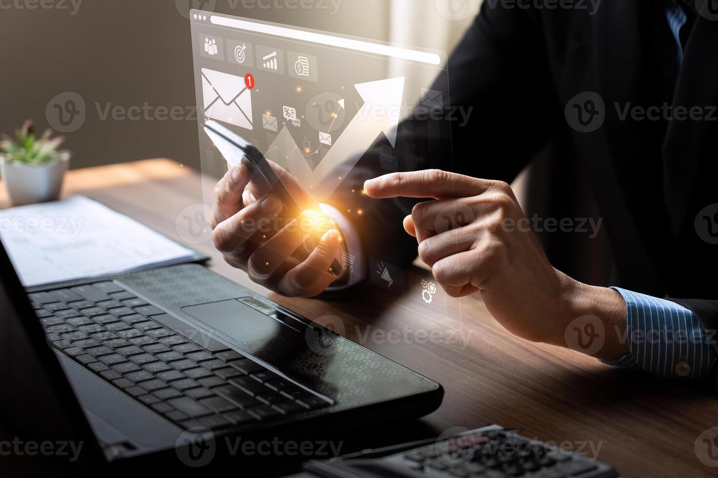 Business Professional Using Smartphone with Digital Marketing Icons, Analyzing Online Campaign Data, and Strategizing Email Marketing for Customer Engagement and Revenue Growth photo