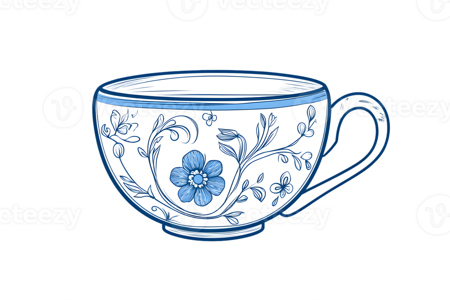 Blue and White Floral Teacup on Transparent Background png