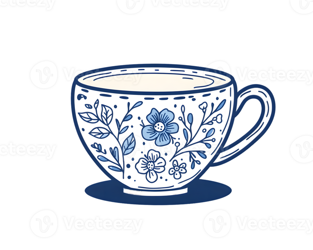 Blue Floral Teacup Illustration on a Transparent Background png