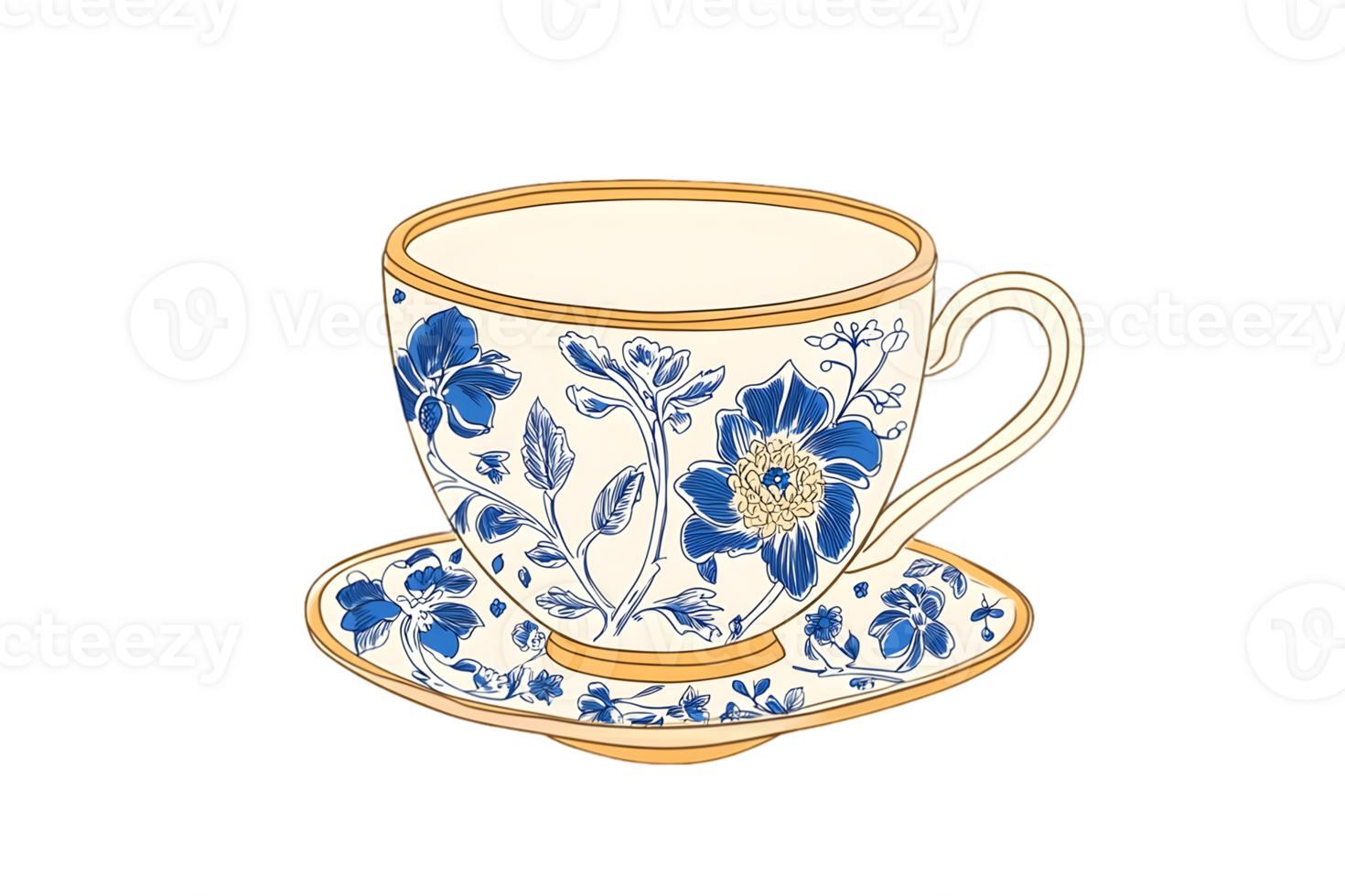 Blue and White Floral Teacup and Saucer on Transparent Background png
