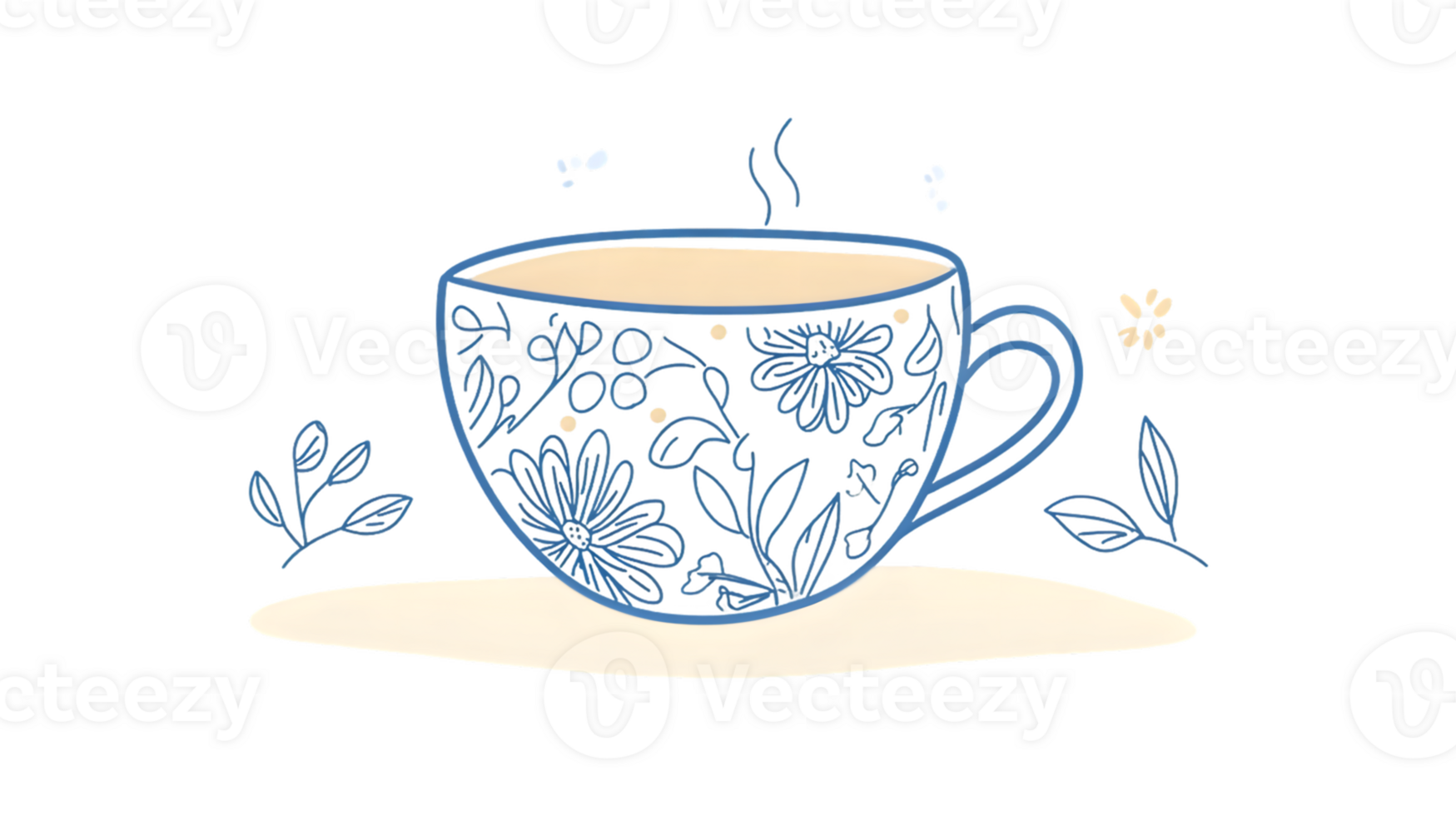 Dark Blue Floral Teacup on Beige Saucer, Steaming Hot Tea Illustration png