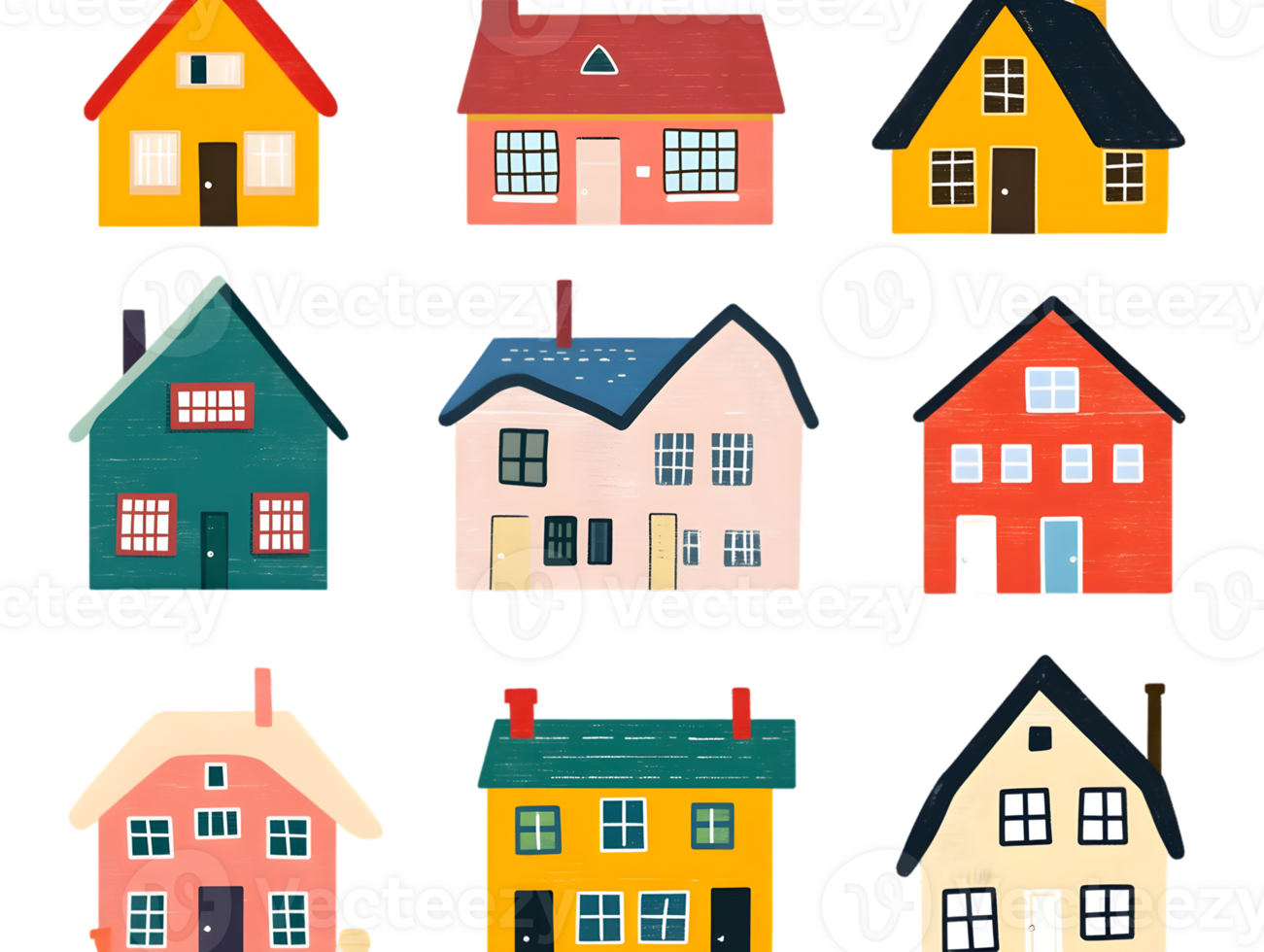 Colorful Illustrated Houses Collection on Transparent Background png