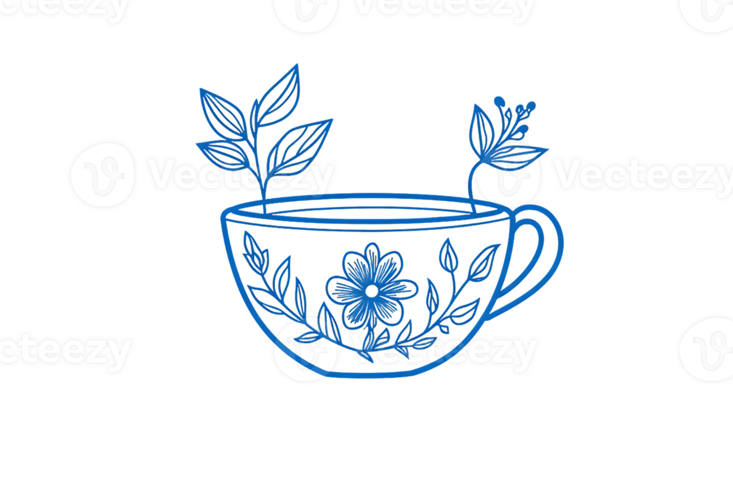 Glowing Blue Floral Teacup Illustration on Transparent Background png