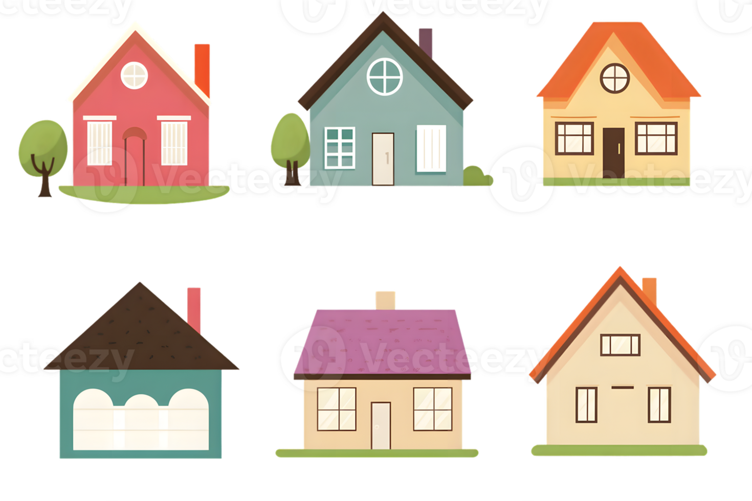 Six Colorful House Illustrations with Transparent Background png