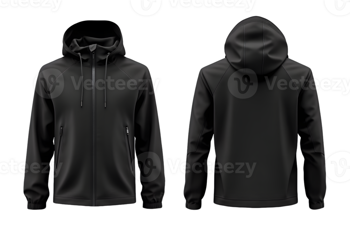 Black Hooded Jacket Front and Back Views on Transparent Background png