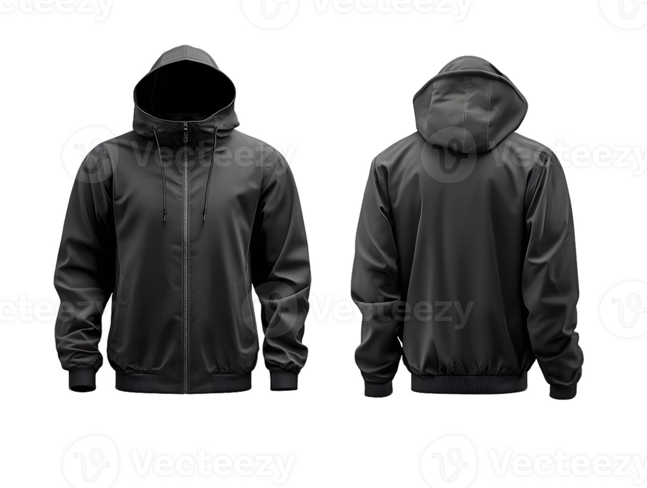 Black Hooded Jacket Mockup Front and Back Views with Transparent Background png