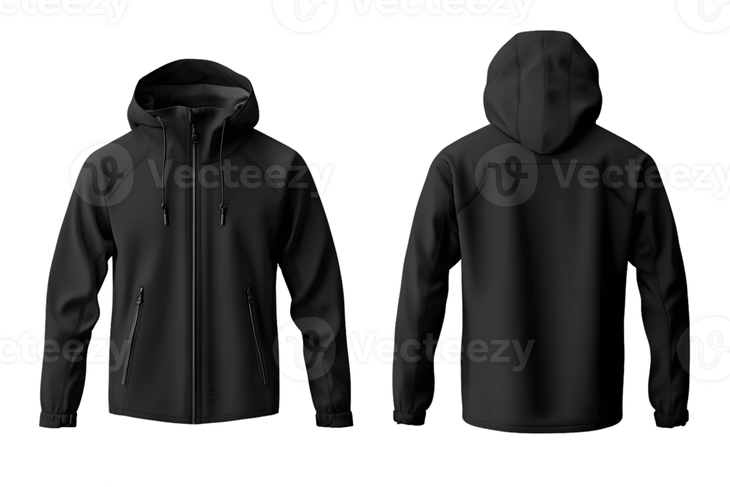 Black Hooded Jacket Mockup Front and Back on Transparent Background png