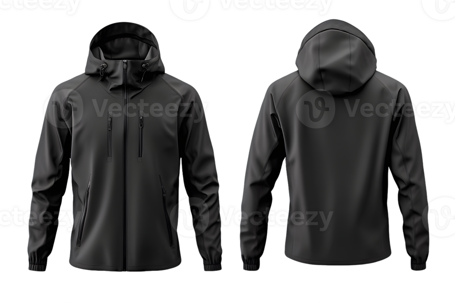 Black Hooded Softshell Jacket Mockup Front and Back Views png