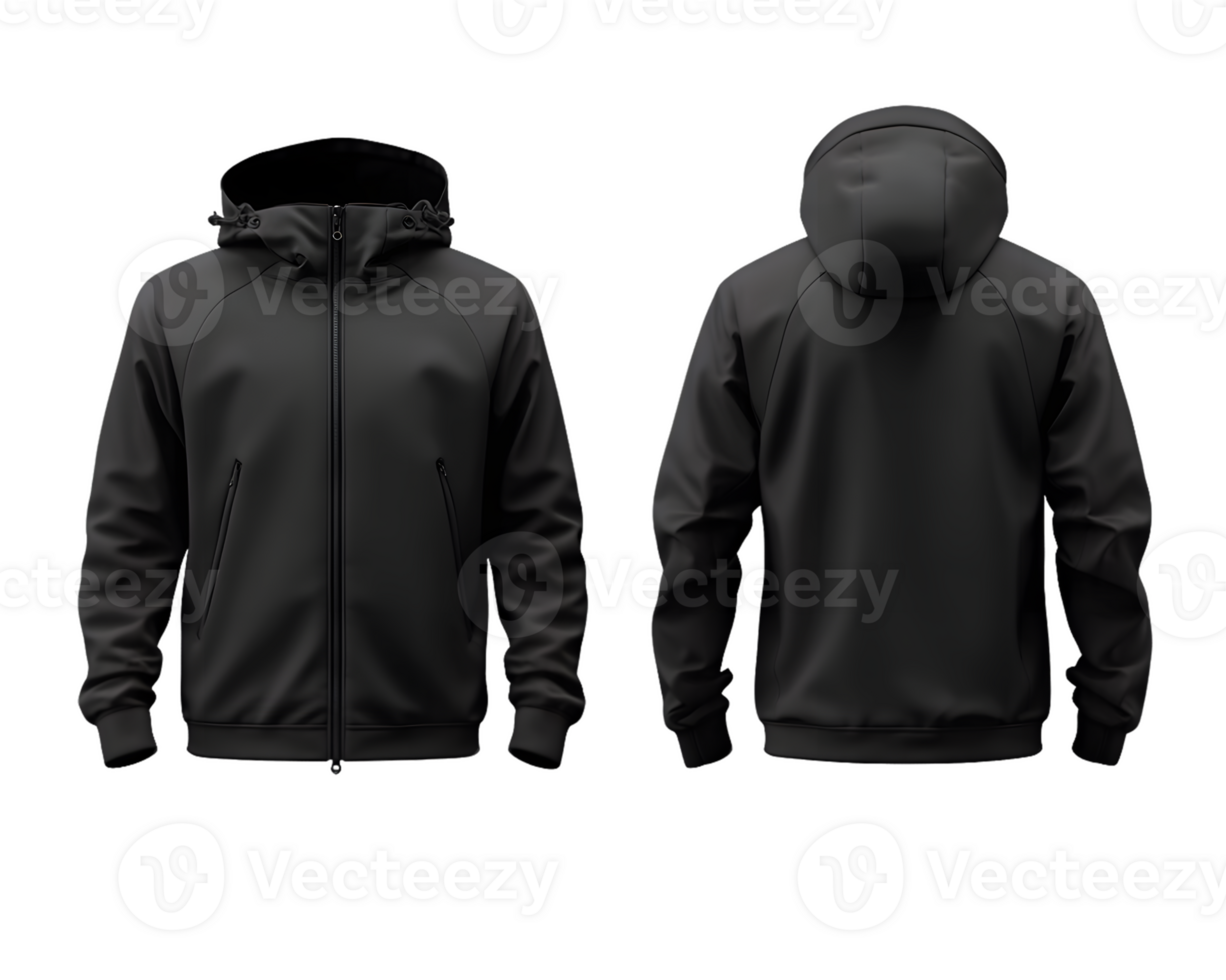 Black Hooded Zip-Up Jacket Mockup Front and Back Views png