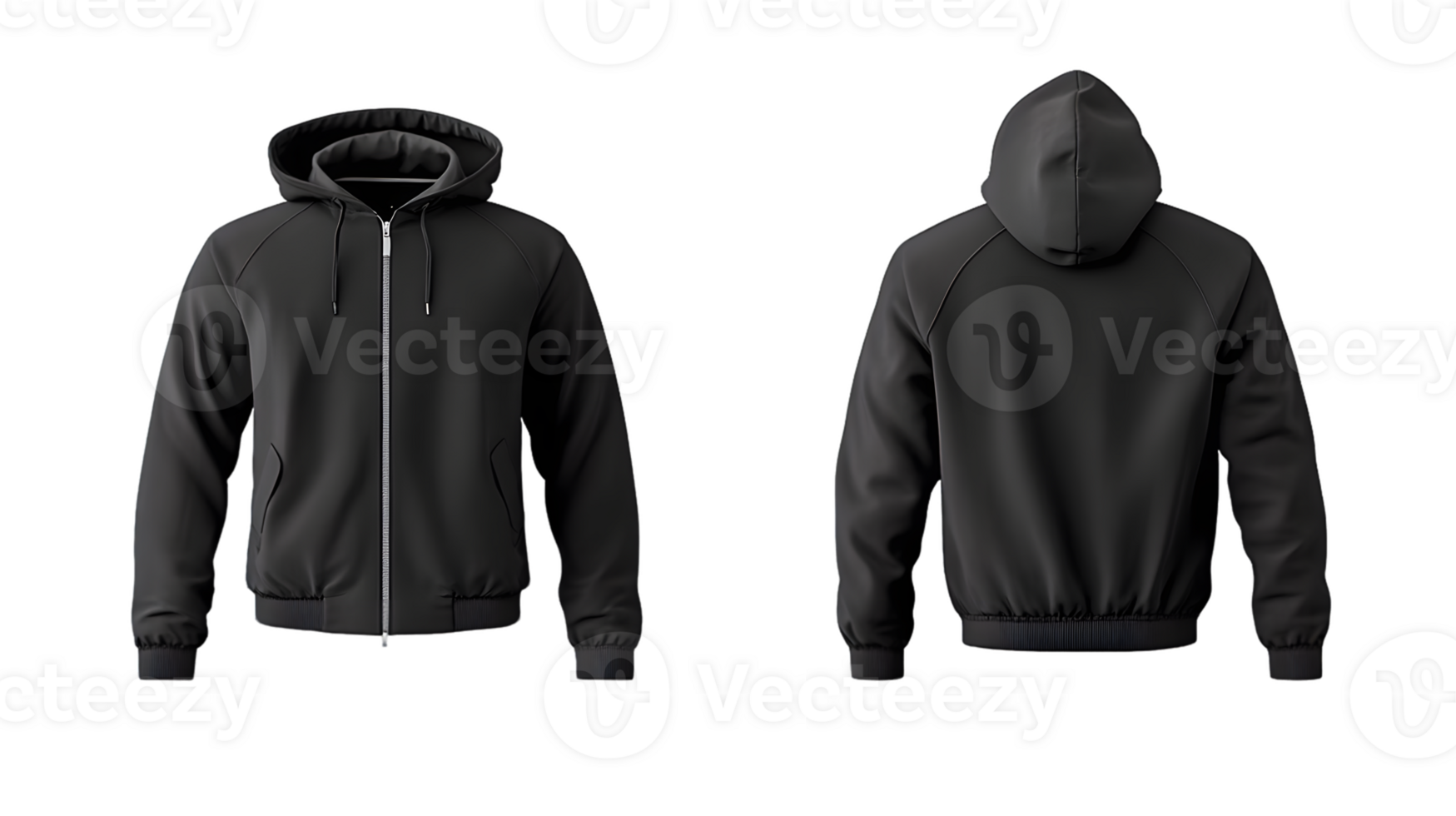 Black Hooded Zipper Jacket Mockup Front and Back Views png