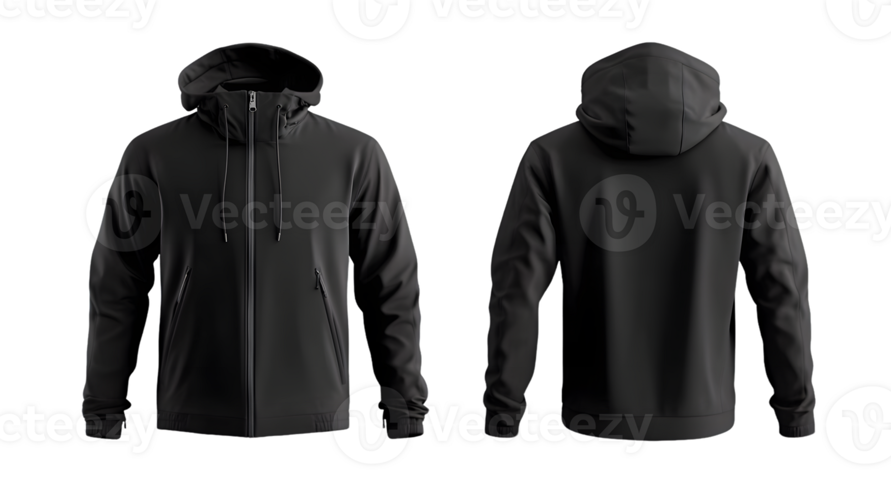 Black Zip-Up Hoodie Mockup Front and Back Views on Transparent Background png