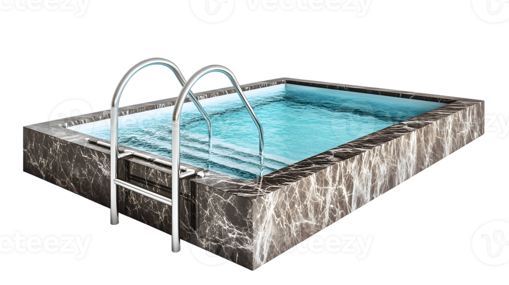 Clear Blue Rectangular Swimming Pool with Stainless Steel Ladder png