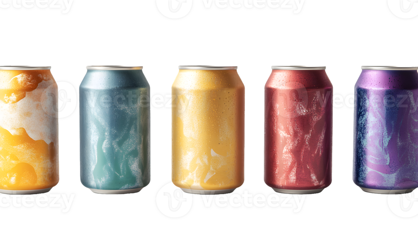 Five Pastel-Colored Speckled Aluminum Cans on Transparent Background png