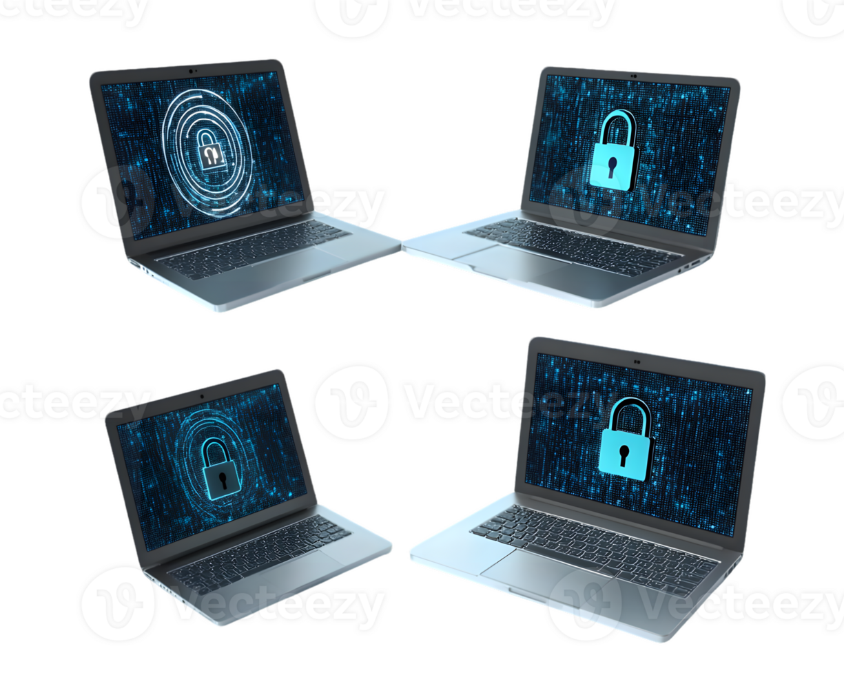 Four Silver Laptops Displaying Digital Security Concepts png