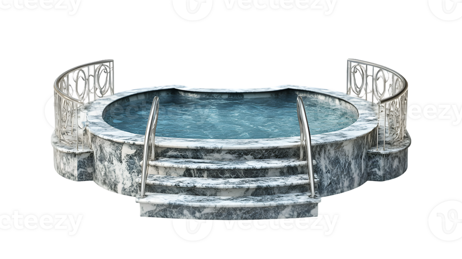 Oval Stone Pool with Ornate Railings and Steps png